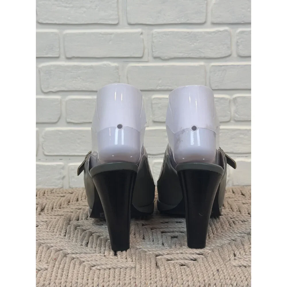 Icon Chinese Bicycle Print Grey Leather Mule Heels 5.5